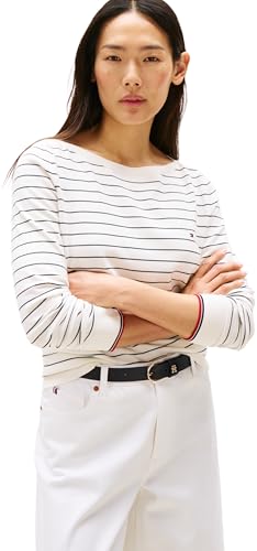 Tommy Hilfiger Damen Pullover Strickpullover, Mehrfarbig (Ivory Silk/Dark Night Navy Fine STP), XXL von Tommy Hilfiger