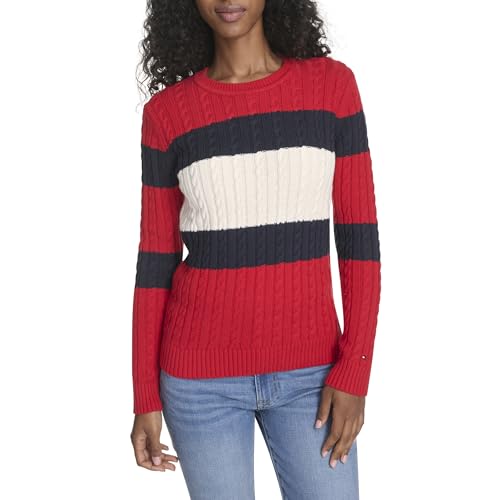Tommy Hilfiger Damen-Pullover aus Baumwolle mit Rundhalsausschnitt und Zopfmuster, Scarlet Multi Colorblock, Mittel von Tommy Hilfiger