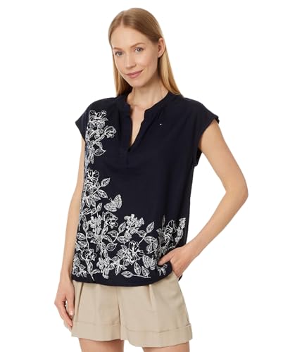 Tommy Hilfiger Damen-Pullover aus Leinen-Mischgewebe mit Bandkragen, Kapitän des Himmels (Sky Captain), Mittel von Tommy Hilfiger