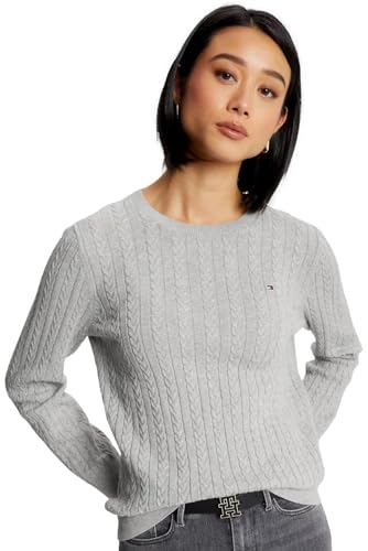 Tommy Hilfiger Damen-Pullover mit Flaggen-Logo, Rundhalsausschnitt, Kollektion 2025, Rauchgrau meliert, Groß von Tommy Hilfiger