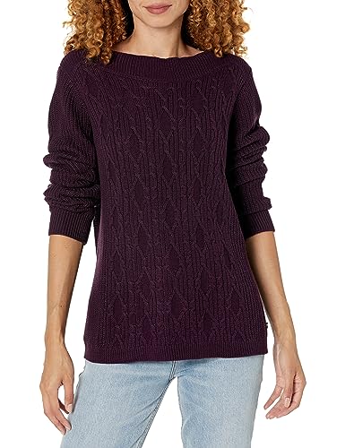 Tommy Hilfiger Damen Pullover mit Zopfmuster und U-Boot-Ausschnitt, Aubergine, Groß von Tommy Hilfiger