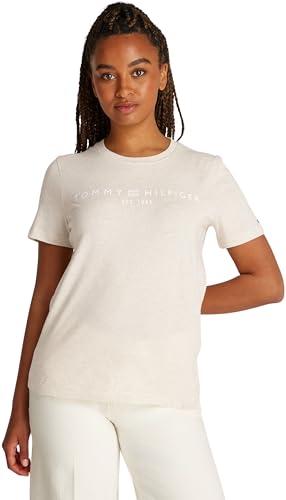 Tommy Hilfiger Damen T-Shirt Kurzarm Logo Rundhalsausschnitt, Elfenbein (Oatmilk Heather), 3XL von Tommy Hilfiger