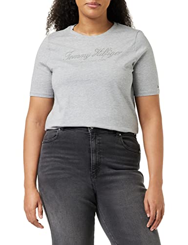 Tommy Hilfiger Damen Reg High Shine Emb C-Nk Ss WW0WW36135 Kurzarm Strickoberteile, Grau (Light Grey Heather), XL von Tommy Hilfiger