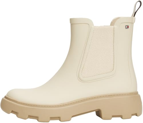 Tommy Hilfiger Damen Gummistiefel Rubber Rainboot mit Blockabsatz, Elfenbein (Newsprint), 37 von Tommy Hilfiger