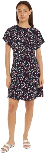 Tommy Hilfiger Damen Kleid Small Ribbon Mini Dress Kurzarm, Mehrfarbig (Small Ribbon Print/ Desert Sky), 38 von Tommy Hilfiger