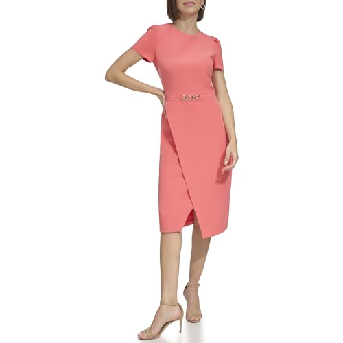 Tommy Hilfiger Damen Salon-Stretch-Kreppstoff, Kette an der Taille, Midi-Länge Kleid, Sherbet, 40 von Tommy Hilfiger