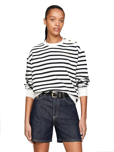 Tommy Hilfiger Damen Shirt gestreift REG Gold Button Sweatshirt Breton Ecru/Desert Sky - XS von Tommy Hilfiger