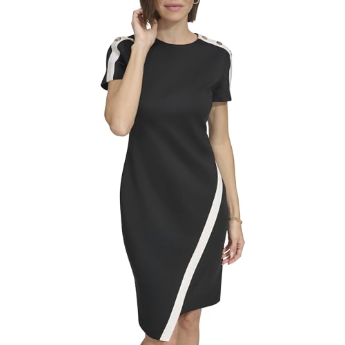 Tommy Hilfiger Damen Short Button Sleeve Asymmetric Mini Dress Kleid, Schwarz/Elfenbein, 38 von Tommy Hilfiger