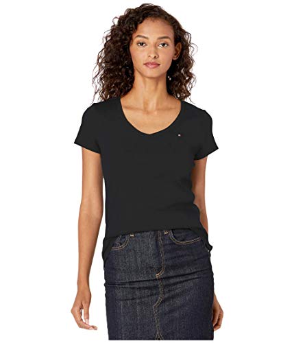 Tommy Hilfiger Damen Short Sleeve Tops-Cotton for Women with V-Neckline and Logo Detail T-Shirt, Schwarz, Klein von Tommy Hilfiger