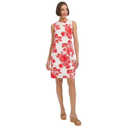 Tommy Hilfiger Damen Sleeveless Boat Neck Fold Detail Sheath Mini Dress Kleid, Guava Multi, 40 von Tommy Hilfiger