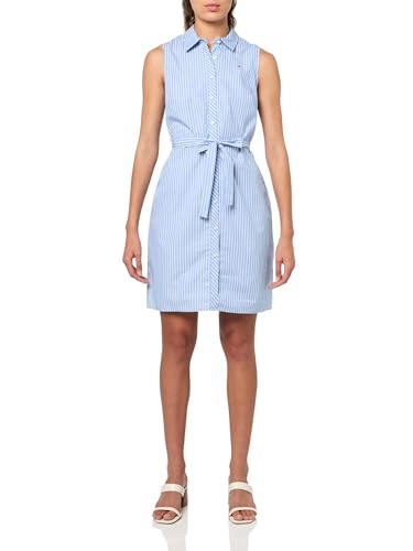 Tommy Hilfiger Damen Sleeveless Collared Button Front Tie Waist Mini Shirt Dress Lässiges Kleid, Französisches Blau/Hellweiß, 38 von Tommy Hilfiger