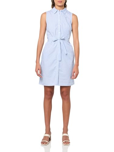 Tommy Hilfiger Damen Ärmelloses Mini-Shirtkleid mit Kragen, Knopfleiste Vorne, Bindebund An der Taille Lässiges Kleid, Hellweiß/Französisches Blau, 36 von Tommy Hilfiger