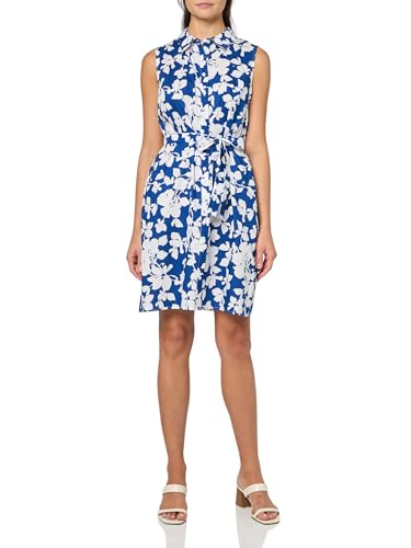 Tommy Hilfiger Damen Sleeveless Collared Button Front Tie Waist Mini Shirt Dress Lässiges Kleid, Marina Blue/Bright White Combo, 34 von Tommy Hilfiger