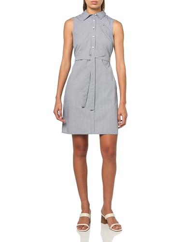 Tommy Hilfiger Damen Sleeveless Collared Button Front Tie Waist Mini Shirt Dress Lässiges Kleid, Sky Captain/Bright White, 42 von Tommy Hilfiger