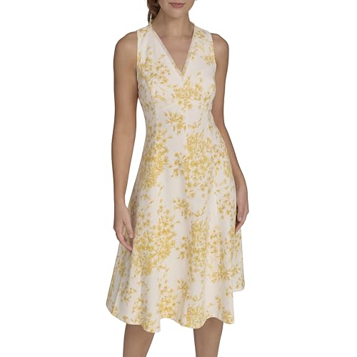Tommy Hilfiger Damen Sleeveless V Neck Fit and Flare Dress Kleid, Elfenbein/Gelb, 38 von Tommy Hilfiger