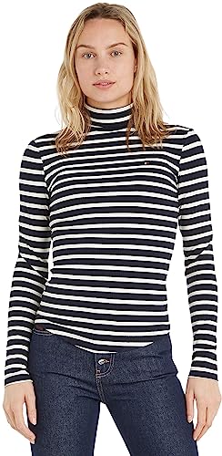 Tommy Hilfiger Damen Pullover Slim Rib Roll-Neck Rollkragen, Mehrfarbig (Classic Stripe Desert Sky/Ecru), L von Tommy Hilfiger