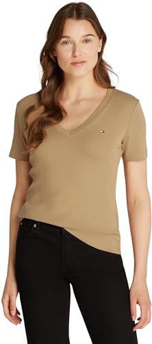 Tommy Hilfiger Damen T-Shirt Kurzarm New Slim Cody V-Ausschnitt, Beige (Safari Canvas), XXL von Tommy Hilfiger