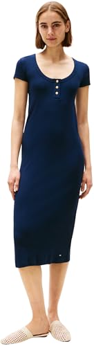 Tommy Hilfiger Damen Slim Gold Dress Schmales Henley-BTN-Kleid WW0WW43864, Blue (Dark Night Navy), XS von Tommy Hilfiger