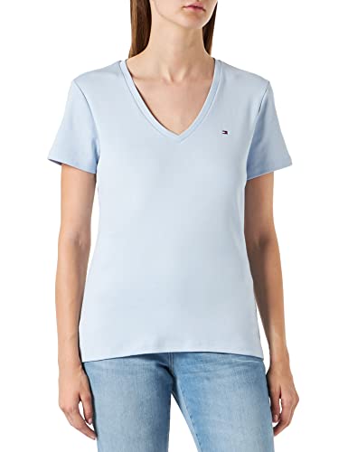 Tommy Hilfiger Damen Slim SOLID V-NK TOP SS WW0WW30511 Kurzarm Strickoberteile, Blau (Breezy Blue), XXS von Tommy Hilfiger