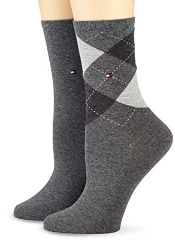 TOMMY HILFIGER Damensocken Doppelpack Uni/Raute mittelgrau Größe 35-38 von Tommy Hilfiger