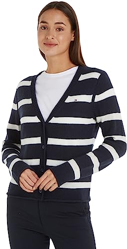 Tommy Hilfiger Damen Strickjacke Cardigan Soft Wool V-Neck mit Knopfleiste, Mehrfarbig (Breton Stp/ Desert Sky/ Ecru), L von Tommy Hilfiger