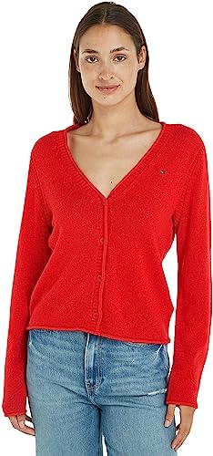 Tommy Hilfiger Damen Strickjacke Cardigan Soft Wool V-Neck mit Knopfleiste, Rot (Fireworks), M von Tommy Hilfiger