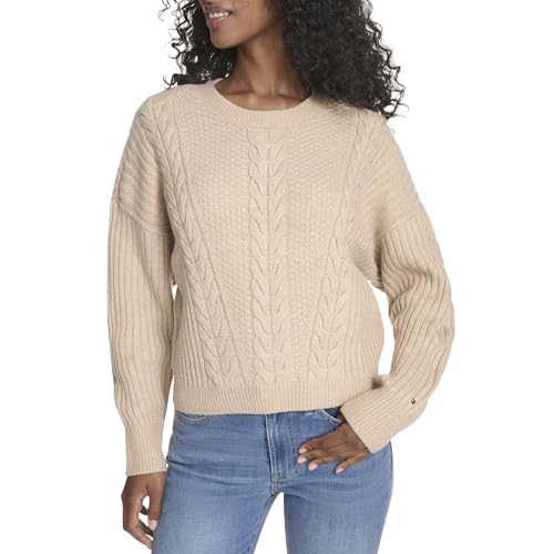 Tommy Hilfiger Damen Solid Cable Crewneck Pullover Sweater, Helles Beige, X-Klein von Tommy Hilfiger
