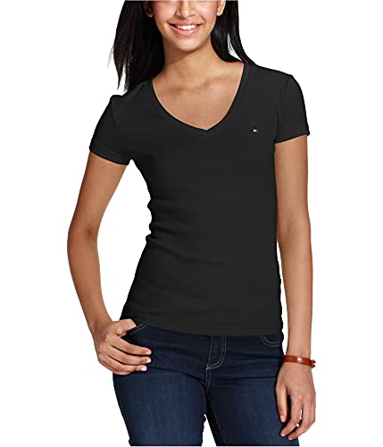 Tommy Hilfiger Damen Kurzärmeliges Oberteil – Baumwollhemden V-Ausschnitt und Logo-Detail T-Shirt, Tiefschwarz, Mittel von Tommy Hilfiger