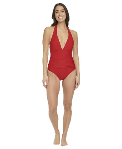 Tommy Hilfiger Damen Stretch Tummy Control Halter Neck One Piece Swimsuit Einteiler, Echtes Rot, 38 von Tommy Hilfiger