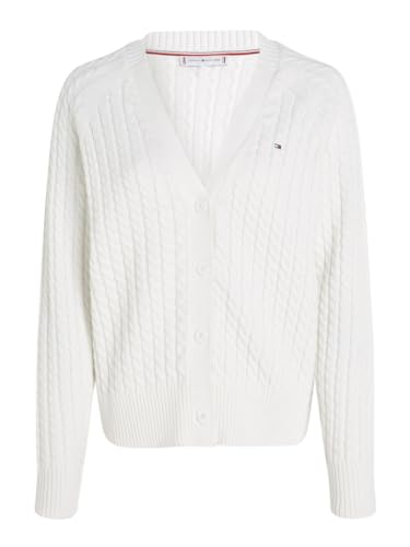 Tommy Hilfiger Damen Strickjacke CO Cable V-NK Cardigan White Weiss - L von Tommy Hilfiger