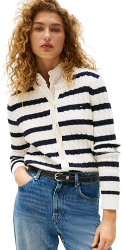 Tommy Hilfiger Damen Strickjacke Cardigan Co Cable Mid Slim Fit, Mehrfarbig (Ivory Silk/Dark Night Navy Stp), S von Tommy Hilfiger