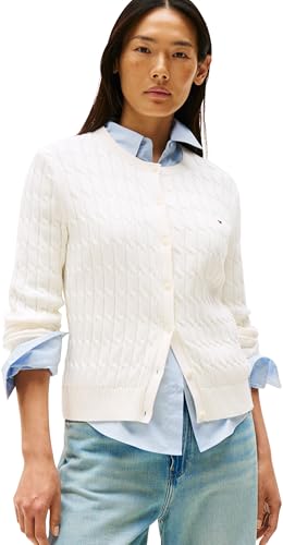 Tommy Hilfiger Damen Strickjacke Cardigan Co Cable Mid Slim Fit, Weiß (Ivory Silk), L von Tommy Hilfiger