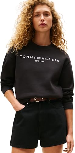 Tommy Hilfiger Damen Sweatshirt ohne Kapuze, Schwarz (Black), S von Tommy Hilfiger