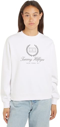 Tommy Hilfiger Damen Sweatshirt ohne Kapuze, Weiß (Th Optic White), L von Tommy Hilfiger