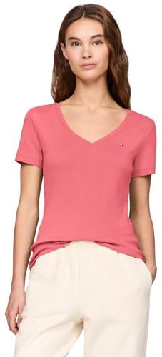 Tommy Hilfiger Damen-T-Shirt, kurzärmelig, V-Ausschnitt, solide Baumwolle, Hellkarminrot, Mittel Tommy Hilfiger Damen-T-Shirt, kurzärmelig, V-Ausschnitt, solide Baumwolle, Hellkarminrot, Mittel von Tommy Hilfiger