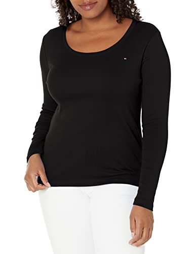 Tommy Hilfiger Damen-T-Shirt, langärmelig, U-Ausschnitt, Schwarz, Groß von Tommy Hilfiger