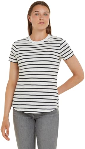 Tommy Hilfiger Damen T-Shirt Kurzarm 1985 Slub Slim Fit, Mehrfarbig (Breton Ecru/Desert Sky), M von Tommy Hilfiger