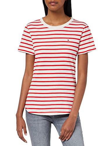 Tommy Hilfiger Damen T-Shirt Kurzarm 1985 Slub Slim Fit, Weiß (Breton Stripes W White/Fireworks), S von Tommy Hilfiger