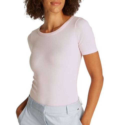 Tommy Hilfiger Damen T-Shirt Kurzarm 5X2 Rib Slim Fit, Rosa (Light Pink), M von Tommy Hilfiger