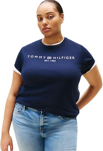 Tommy Hilfiger Damen T-Shirt Kurzarm Curve Regular Logo Rundhalsausschnitt, Blau (Dark Night Navy), 46 von Tommy Hilfiger