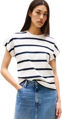 Tommy Hilfiger Damen T-Shirt Kurzarm Gold Button mit Rundhalsausschnitt, Mehrfarbig (Ivory Silk/Dark Night Navy Stp), M von Tommy Hilfiger