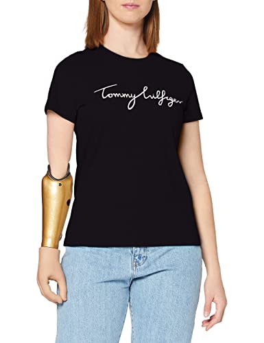 Tommy Hilfiger Damen T-Shirt Kurzarm Heritage Rundhalsausschnitt, Schwarz (Masters Black), L von Tommy Hilfiger