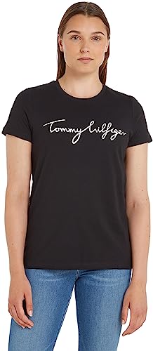 Tommy Hilfiger Damen T-Shirt Kurzarm Heritage Rundhalsausschnitt, Schwarz (Masters Black), M von Tommy Hilfiger