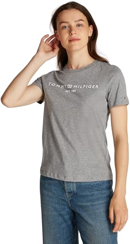 Tommy Hilfiger Damen T-Shirt Kurzarm Logo Rundhalsausschnitt, Grau (Mid Grey Heather), M von Tommy Hilfiger