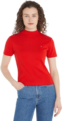 Tommy Hilfiger Damen T-Shirt Kurzarm New Cody Slim Crop Mock-Rollkragen, Rot (Fierce Red), L von Tommy Hilfiger