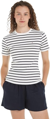 Tommy Hilfiger Damen T-Shirt Kurzarm New Slim Cody Rundhalsausschnitt, Mehrfarbig (Breton Ecru/Desert Sky), XS von Tommy Hilfiger