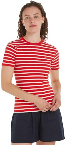 Tommy Hilfiger Damen T-Shirt Kurzarm New Slim Cody Rundhalsausschnitt, Mehrfarbig (Breton Fierce Red/Ecru), XXL von Tommy Hilfiger