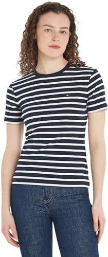 Tommy Hilfiger Damen T-Shirt Kurzarm New Slim Cody Rundhalsausschnitt, Mehrfarbig (Breton STP/Desert Sky/Ecru), XXS von Tommy Hilfiger