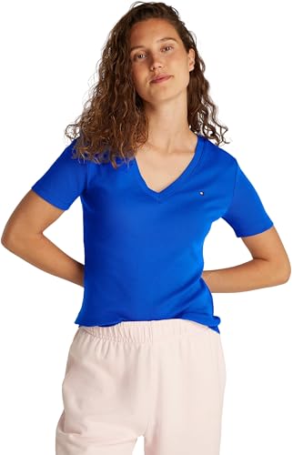 Tommy Hilfiger Damen T-Shirt Kurzarm New Slim Cody V-Ausschnitt, Blau (Noble Blue), XS von Tommy Hilfiger