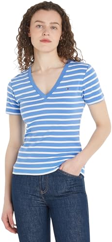 Tommy Hilfiger Damen T-Shirt Kurzarm New Slim Cody V-Ausschnitt, Mehrfarbig (Breton STP/Blue Spell/Ecru), XS von Tommy Hilfiger